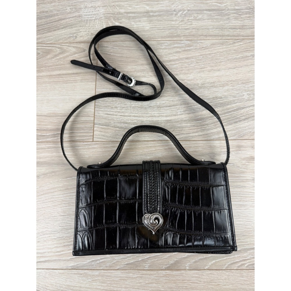 Brighton Black Croc Embossed Leather Crossbody Heart‎ Buckle Wallet Bag Vintage